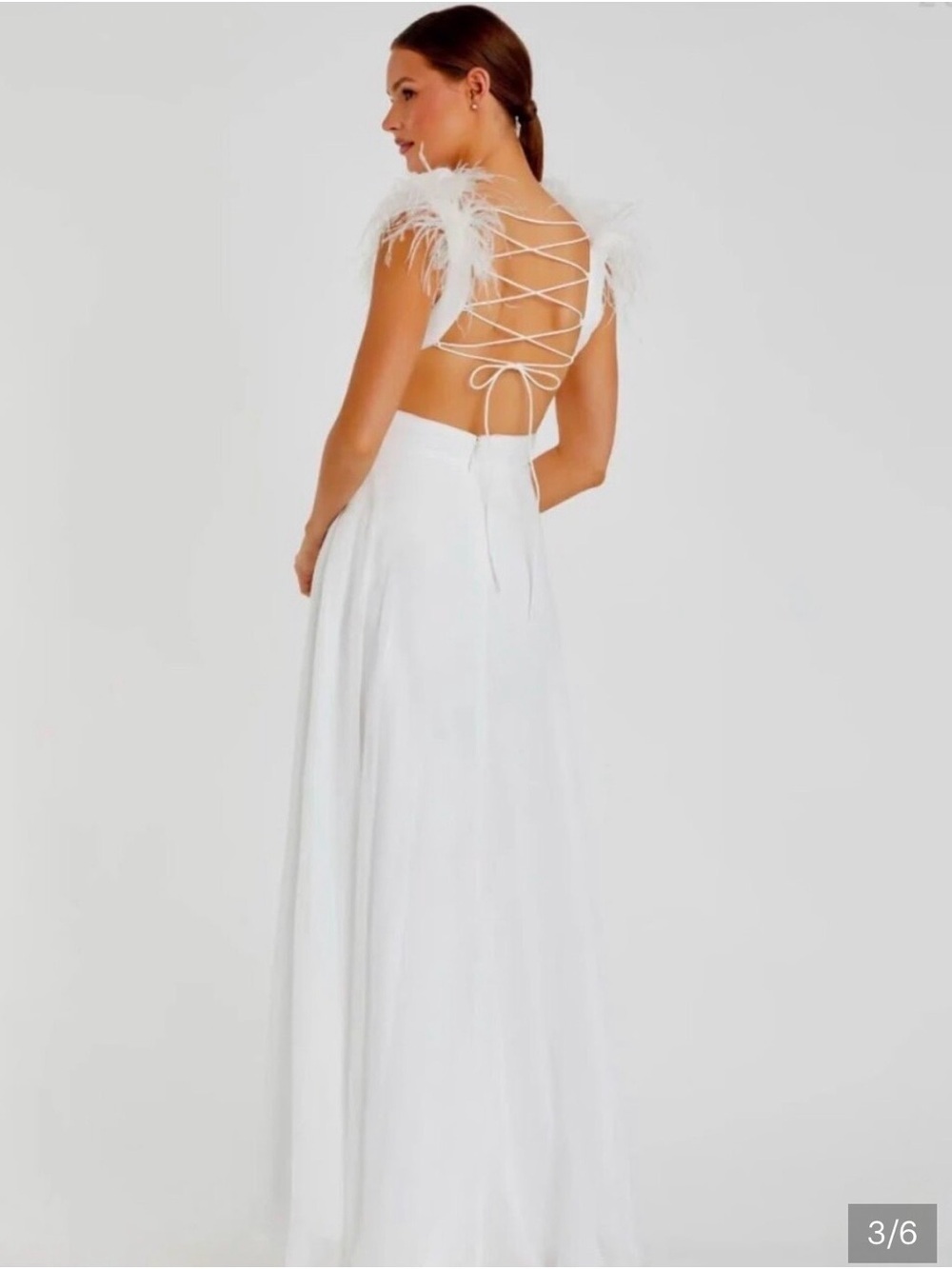 Mac Duggal White Feather-Trim Plunge Maxi Dress - Picture 3 of 12